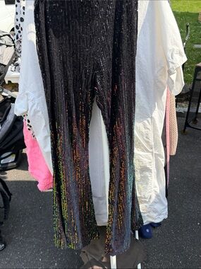 Black Sequin Flared Pants with Rainbow Accent